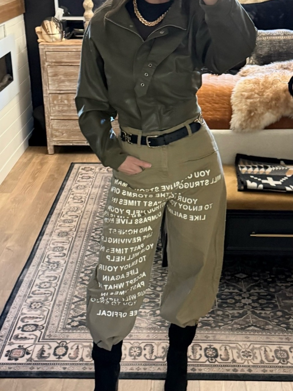 Olive tan khaki Wide-Leg Graphic Cargo Pants - Olive - Picture 5 of 9